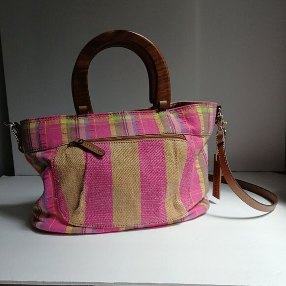 Seersucker & Hemp Plaids & Stripes Wood Satchel Handle & Removable Strap NWOT - Picture 2 of 8